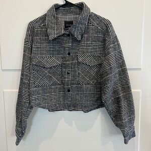 LOVE TREE Plaid Cropped Shirt‎ Jacket Button Up Women's Large Black Wool Blend